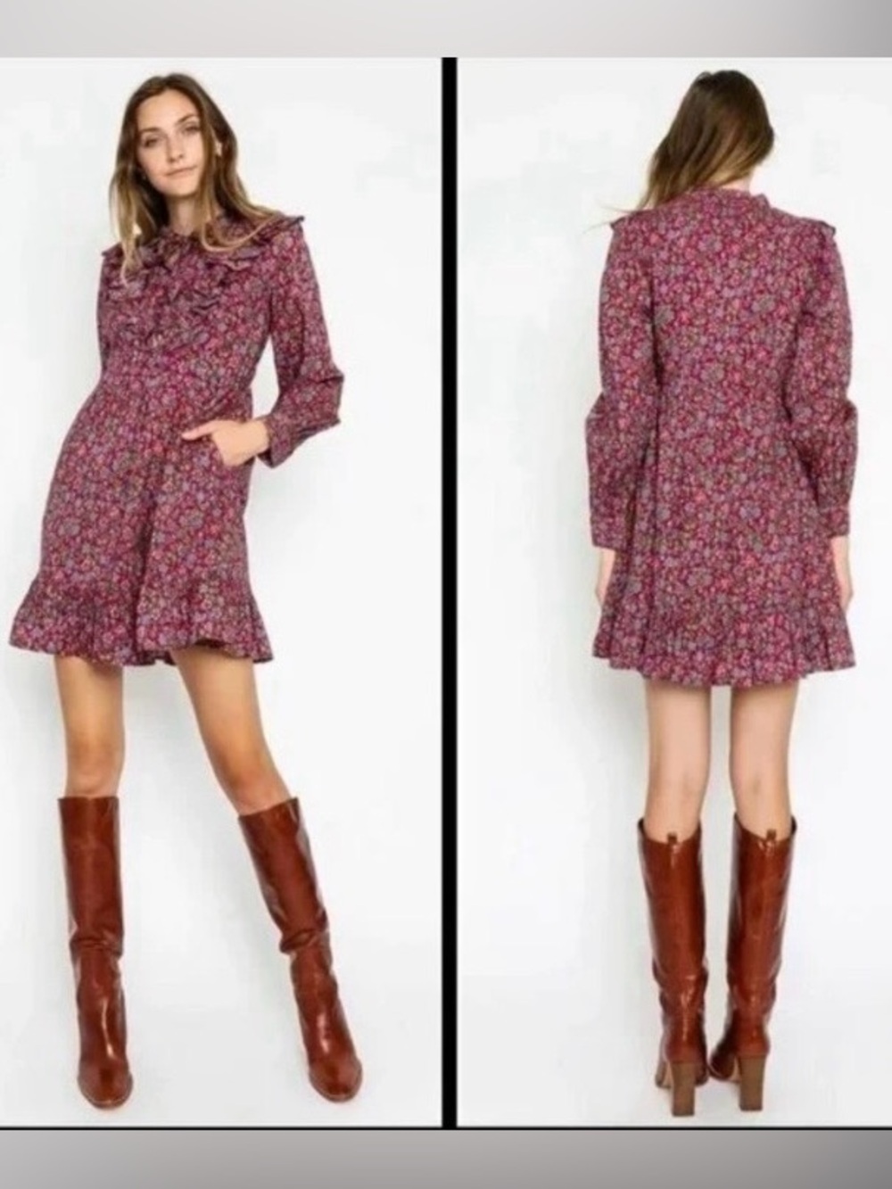 Banjanan Liberty Ruffle Cotton Mini Dress Hedgehog Boysenberry Floral Print